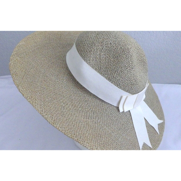 Liz Claiborne Wide Brim Straw Sun Hat White Wrap Around Bow Vintage Y2K Retro - Picture 2 of 8